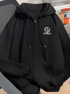 เสื้อสเวตเตอร์มีซิปสำหรับผู้ชาย ทรงหลวม หนา บุขนแกะ ทรงโอเวอร์ไซส์ สำหรับวัยรุ่น ฤดูใบไม้ร่วง/ฤดูหนาว สไตล์อเมริกัน เสื้อคลุมกันหนาว