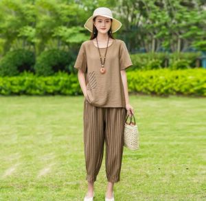 ชุดสองชิ้นคอตตอนลินินแขนสั้นหลวมๆ สำหรับคุณแม่วัยกลางคนในฤดูร้อน ชุดลำลอง ปกปิดหน้าท้อง ไซส์ใหญ่ ชุดทำงาน สีพื้น