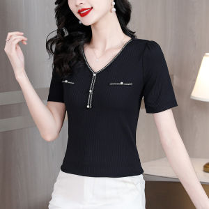Black Ice Silk Short Sleeve T-Shirt Womens Fashion Summer New Style V-Neck Slim Fit Short Length Versatile Top Commute Style