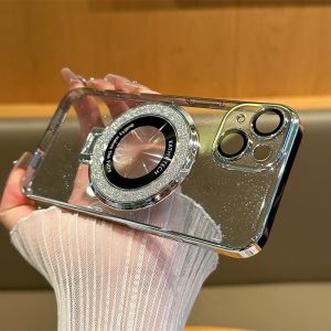 CrashStar Glitter Magsafe Foldable Stand Transparent Hard Shockproof Phone Case For iPhone 16 15 14 Pro Max Plus 13 12 11 Pro Max Ultra Thin Clear Plating Phone Casing Cover With Glass Lens Film Protector Hot Sale