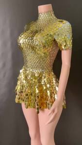 [Cowaii]Nightclub Leotard Shining Lovely Sequins Dress Costume Celebrate RhinestoneBodysuit Birthday Silver Dresses 7G