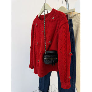 เสื้อสเวตเตอร์ถักสีแดงสไตล์ย้อนยุคสำหรับผู้หญิง เสื้อชั้นในฤดูใบไม้ร่วง/ฤดูหนาว เสื้อคลุมกันหนาวแบบสวมหัวเนื้อนุ่ม สวมใส่สบาย เสื้อคลุมกันหนาวแบบหนา