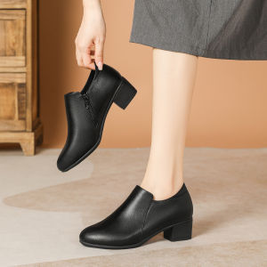 รองเท้าส้นสูงแบบสวมหัวลึกแบบเงียบ รองเท้าทำงานสำหรับผู้หญิง สีดำ รองเท้าหนังแบบลำลอง รองเท้าส้นเดี่ยว รองเท้าฤดูใบไม้ร่วง/ฤดูหนาว