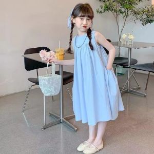 ชุดเดรสเจ้าหญิงแขนกุดสีน้ำเงินสำหรับเด็กผู้หญิงชุดเสื้อกล้ามผ้าฝ้ายยาวเด็กผู้หญิงเด็กน้อยฤดูร้อน