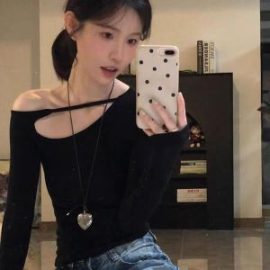 Áo Thun Nữ Tay Dài Hở Vai Khoét Sâu Màu Đen Mùa Thu Phong Cách Hàn Quốc Cổ Tròn Thường Ngày Chất Liệu Cotton