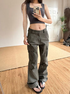 Retro Multi-Pocket Womens Casual Straight Leg Work Pants Loose Fit Street Style Cotton Long Trousers Summer 2024 Trend