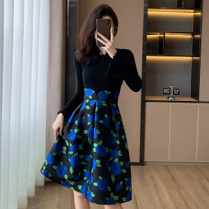 SUYE | Slimming A-line Knitted Dress With Jacquard Long Sleeve Mid Length