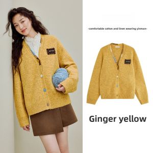INMAN | Oversized V-Neck Yellow Knit Cardigan Long Sleeve Thick