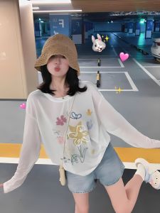 Summer New Womens Long Sleeve Printed Lightweight Transparent Top UV Protection Outerwear White T-Shirt Commute Casual Wear