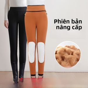 MiiOW | Quần dài lót lông cừu dày dặn cho nữ mùa đông có gối bảo vệ quần cotton nguyên khối màu đen quần dài mặc ngoài trời