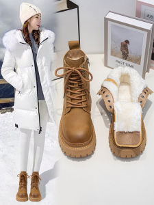 รองเท้าบูทหิมะหนังแท้สำหรับผู้หญิง ฤดูหนาว 2025 รองเท้าบูทมาร์ตินหนาแบบใหม่ รองเท้าบูทกันน้ำ รองเท้าบูทหนังไนลอนหนาสำหรับผู้หญิง