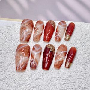 Handmade Caramel Amber Colored Wearable Nail Tips Middle Step White Enhancing Nail Art Patches Trendy Autumn Winter New Arrival