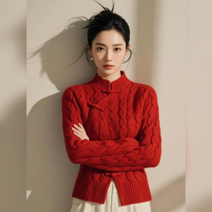 YUFUQING | Red Chinese Style Knitted Sweater Spring 2025 New Inner Wear Lazy High-End Feeling Slant Lapel Matched With Polyester Fiber