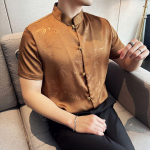New Chinese Style Mens Short Sleeve Shirt Thin Business Casual Print Tang Suit Stand Collar Summer Fashion Urban Youth Clothing
