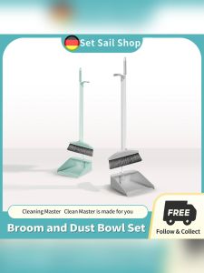 Broom and dustpan set 2-in-1 stainless steel long handle with comb teeth windproof floor cleaner cleaning tool