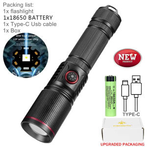 Aluminum Alloy 30W Super Powerful LEP Flashlight 18650 or 21700 Battery Zoom Torch Light Lamp with Tail Rope Power Indicator