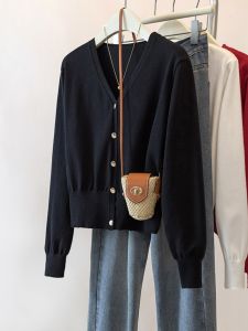 French Black V-Neck Knitted Open Cardigan Womens Autumn Winter Slim Fit Short Waist-Cut Sweater Top Outerwear Coat