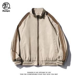 เสื้อโค้ทคอตั้งแบบปะต่อสีตัดกันแนววินเทจสไตล์ญี่ปุ่นเสื้อแจ็กเก็ตแนวช่างกลลำลองสำหรับคู่รักทรงหลวมแนวสตรีทแบรนด์ยอดนิยมสำหรับผู้ชาย