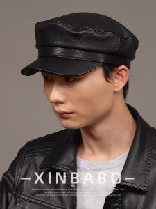 Vintage Leather Flat Top Hat Mens Sheepskin Motorcycle Cap Spring Autumn Middle Aged And Elderly Style Duckbill Hat Student Cap