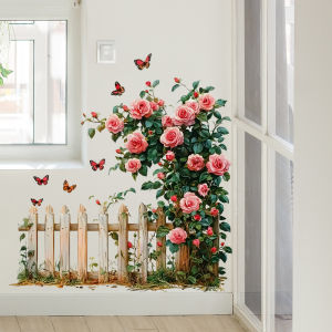 Romantic Rose Wall Decals Rose Vine Fence Floral Stickers Wall Art Murals Peel and Stick Self-Adhesive Stickers for Girls Bed