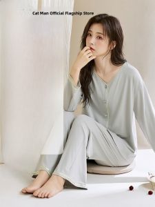 Miiow | Womens Modal Sleepwear Long Sleeve Thin Home Clothes Set Cat Person New 2025 Summer Outwear Suitable Leisure Casual V-neck