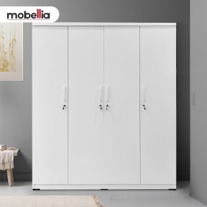 Lemari Pakaian 4 Pintu Putih Modern Minimalis 2 Cermin + 4 Laci Penyimpanan.