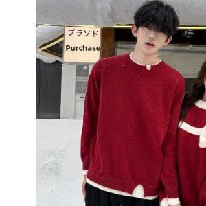 XILANDUO | Vintage Red Loose Fit Color-block Faux Layer Couple Match Autumn Winter Sweater
