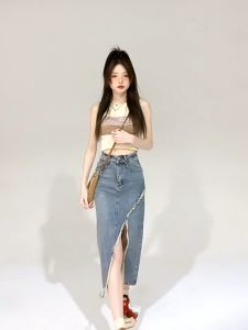 Korea Rok Denim Rawis Highwaist Rok Jeans Wanita Biru Kasual Rok A-line jeans dewasa Koreanstyle OOTD