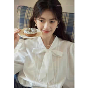 Áo Sơ Mi Tay Dài Cổ Bướm ORWhite Bằng Vải Lanh Cotton Thiết Kế Cổ Điển Cho Nữ Áo Sơ Mi Trắng Có Thắt Lưng Dáng Rộng Mùa Thu