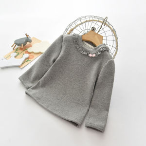 Autumn Winter Fleece Lined Long Sleeve Girls T-Shirt Baby Outfit Warm Cotton Top for 1-3 Years Old Kids Casual Style Butterfly Knot Design