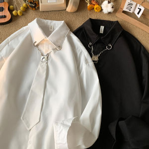 Áo Sơ Mi Nam Dài Tay Thoải Mái Cà Vạt Phong Cách Hàn Quốc Đa Năng Thời Trang Rộng Rãi Áo Sơ Mi Giải Trí Đẹp Trai Phong Cách Đại Học Trắng Đầm