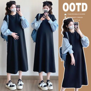 Maternity Two-Tone Shirt Dress Loose Fitting