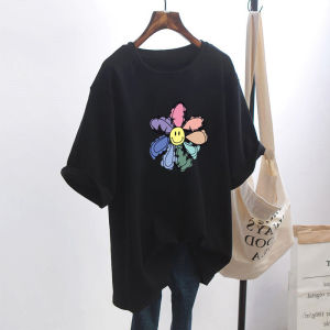 หลวม ผู้หญิง สีขาว เสื้อยืด 2020 ฤดูร้อน แขนยาวสไตล์ใหม่ดอกไม้พืช ลายพิมพ์ตัวอักษร คอกลมสไตล์พร็อพ โพลีเอสเตอร์ ผ้า