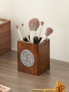 Innovative Wooden Makeup Brush Storage Box Vintage Chinese Style Desktop Pen Holder Real Wood Creative Organizer Decoration