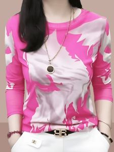 Spring Autumn round Neck Base Shirt T-Shirt Fashionable Mesh Dyed Long Sleeve Womens Top for Middle-Aged Mothers Korean Style