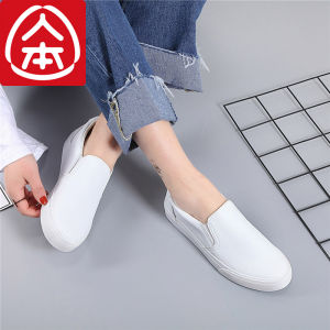 Womens Slip-On Flat Bottom Leather Surface Pure White Nurse Shoes Work Soft Bottom Lazy Shoes Princess Style Canvas Shoes