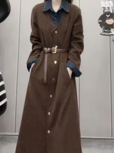 ชุดเดรสยาวทรงเข้ารูปสไตล์ย้อนยุค กระดุมข้างเดียว ปกปิดหน้าท้อง ชุดสองชิ้นปลอม ชุดเดรสฤดูใบไม้ร่วง ฤดูหนาว