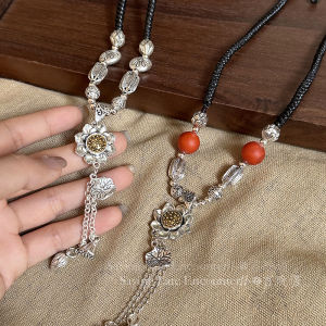 Black Woven Rope Lotus Pendant Tassel Necklace for Women New Chinese Style Retro Sweater Chain Fashionable Ethnic Wind Jewelry