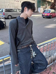 Loose Fit Long Sleeve T-Shirt Mens CleanFit American Retro Henry Collar Texture Sensation Inner Wear Casual Comfortable Top