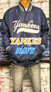 HAPPY Jaket Varsity Premium Casual Vintage Full Bordir Yankees Navy Series Pria Wanita