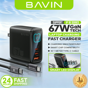 BAVIN PC2197 GaN 67W PD Fast Charger Adapter w/ Smart LED Display+Foldable Plug+3 USB Ports for iPh 18 & Laptop