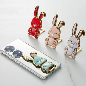 Cartoon Plating Rabbit Ring Bracket 3D Folding Phone Holder Kickstand Buckle Adhesive Desk Phone Stand Support Compatible with iPhone