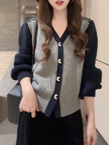 QINGNAER | Korean Style Color Block Knitted Cardigan Sweater Large Womens Jacket