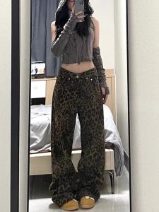 American Retro Leopard Print Jeans for Women High Waist Straight Leg Wide Leg Drag Design Sensational New Arrival Regular Thickness