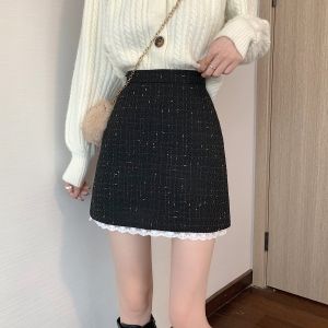 Chanels Style Skirt Womens Autumn and Winter New Arrival Small High Waist Slim Looking Lace Patchwork Wool Short Hip Skirt