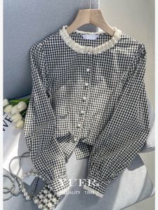 เสื้อเชิ้ตผู้หญิงคอโปโลลายสก็อตสีดำขาวแขนพองสไตล์ฝรั่งเศส ทรงหลวม ปกโปโล แขนยาว ปกโปโล ทรงหลวม