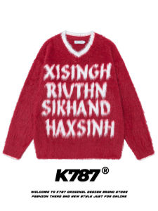 K787 Lazy Style Red And White Color Block V-neck Knitwear for Men And Women Horse Hair Year of Horse Atmosphere Couple Sweater