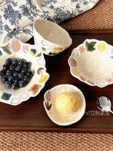 จานดอกไม้ดินเผาสไตล์ญี่ปุ่นย้อนยุค จานเช้า จานเส้น จานโยเกิร์ต จานสลัด ของขวัญวันเกิด จานดินเผาเคลือบด้าน จานลายดอกไม้