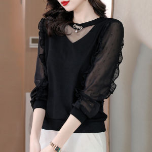 Fashionable Mesh Base Shirt Womens Spring Autumn Winter New Style Elegant Inner Wear Top Korean Version round Neck Long Sleeve