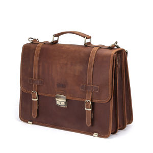 Hiram Genuine Leather Shoulder Briefcase Men Bag Male Portable Business Handbag Crazy Horse Leather for 14 Inches Laptop